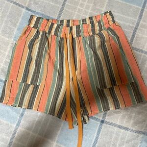 Striped Drawstring Athletic Shorts in Coral, Teal & Cream
